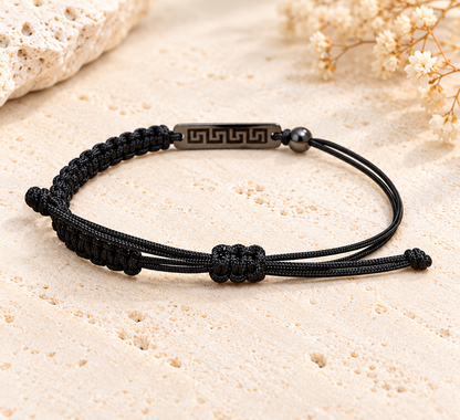 Black Macramé Bracelet with Greek Key Stainless Steel Bar