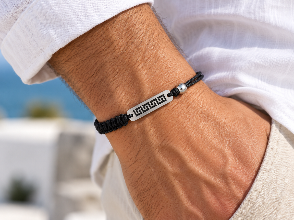 Black Macramé Bracelet with Greek Key Stainless Steel Bar