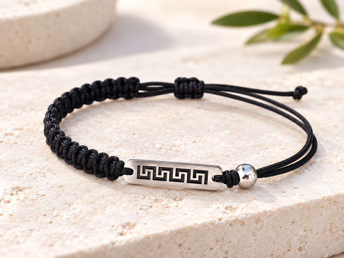 Black Macramé Bracelet with Greek Key Stainless Steel Bar