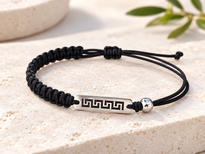 Black Macramé Bracelet with Greek Key Stainless Steel Bar