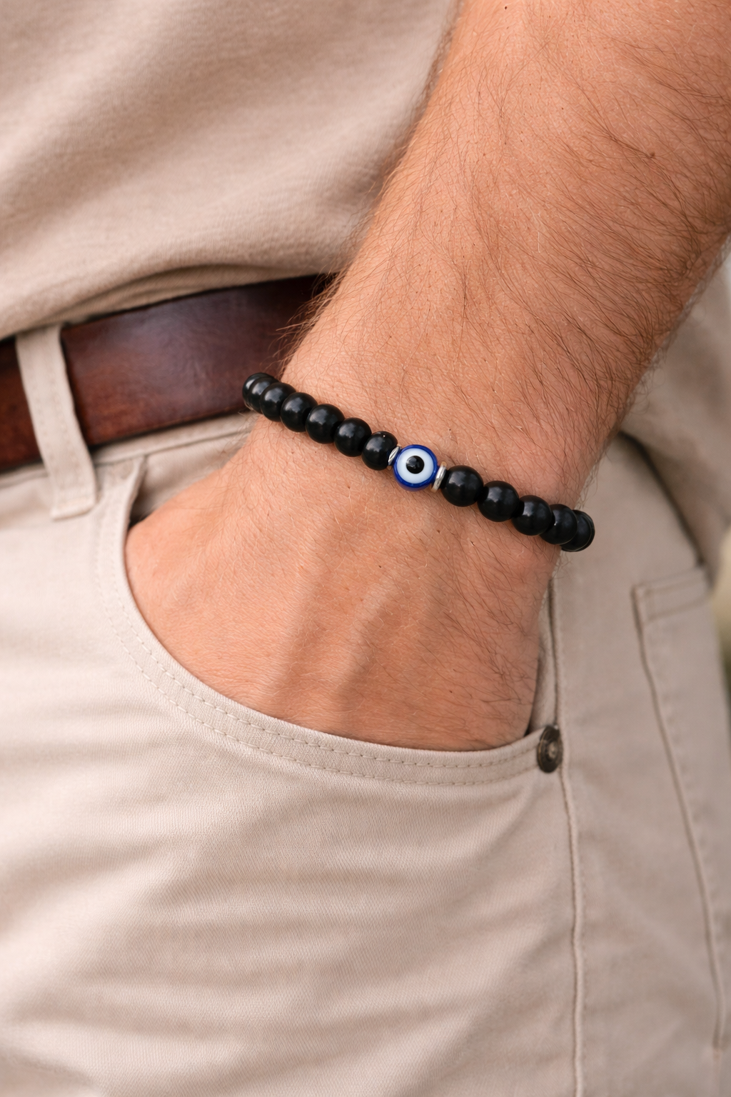 Bracelet En Onyx Noir Avec Oeil Bleu Protecteur – Bracelet Elastique Homme Femme – Bijou Porte-Bonheur