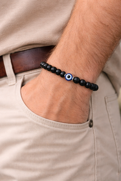 Bracelet En Onyx Noir Avec Oeil Bleu Protecteur – Bracelet Elastique Homme Femme – Bijou Porte-Bonheur