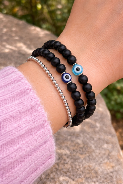 Bracelet En Onyx Noir Avec Oeil Bleu Protecteur – Bracelet Elastique Homme Femme – Bijou Porte-Bonheur