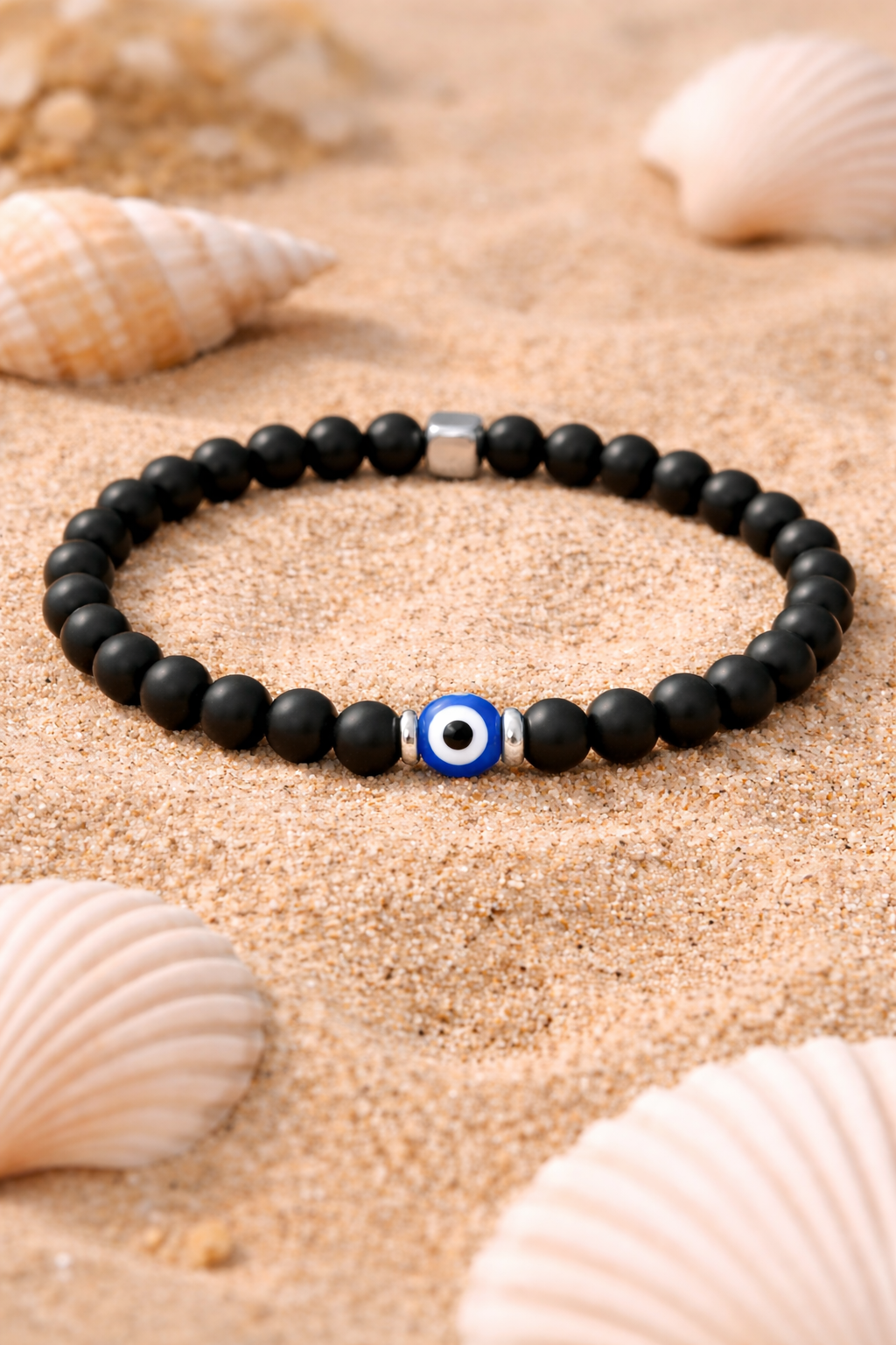 Bracelet En Onyx Noir Avec Oeil Bleu Protecteur – Bracelet Elastique Homme Femme – Bijou Porte-Bonheur