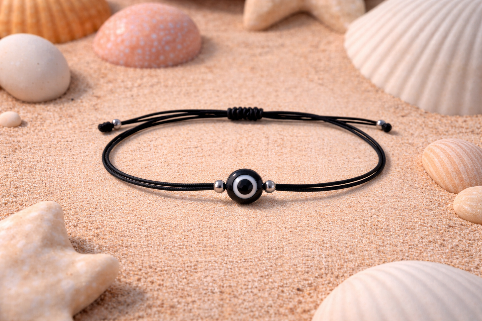 Black cord bracelet with a bead on sand and shells