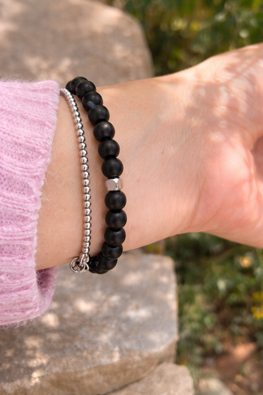 Bracelet En Onyx Noir Avec Oeil Bleu Protecteur – Bracelet Elastique Homme Femme – Bijou Porte-Bonheur