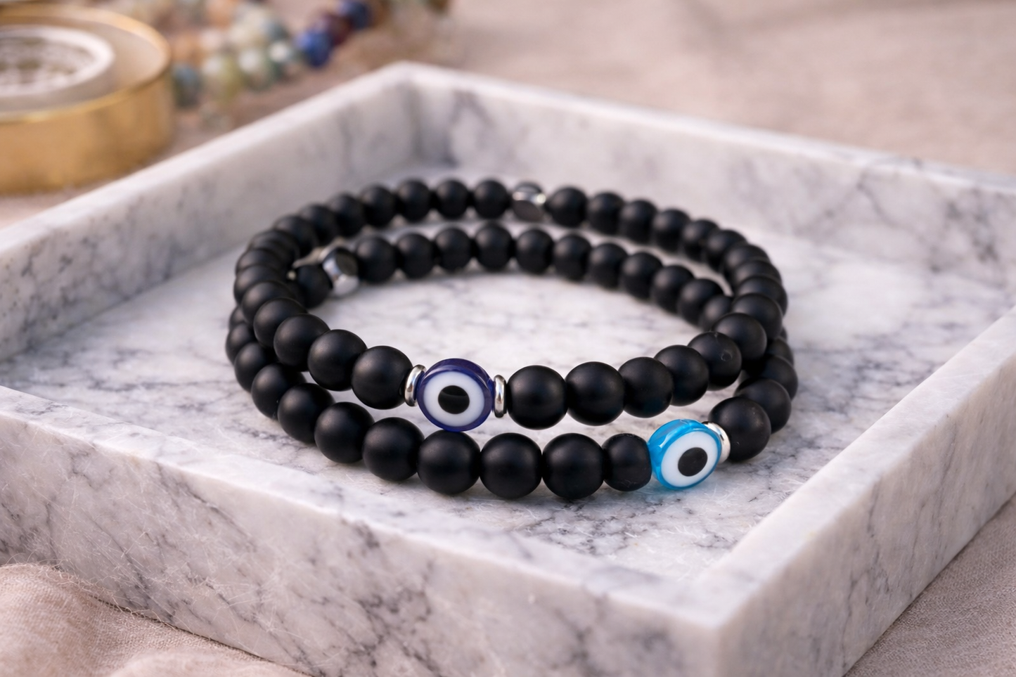Bracelet En Onyx Noir Avec Oeil Bleu Protecteur – Bracelet Elastique Homme Femme – Bijou Porte-Bonheur