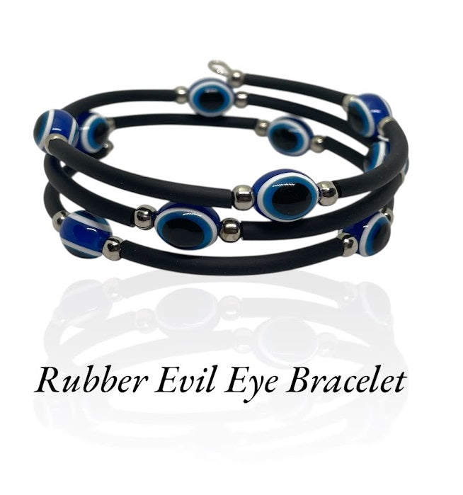 Stack of rubber evil eye bracelets on a white background with text 'Rubber Evil Eye Bracelet'.