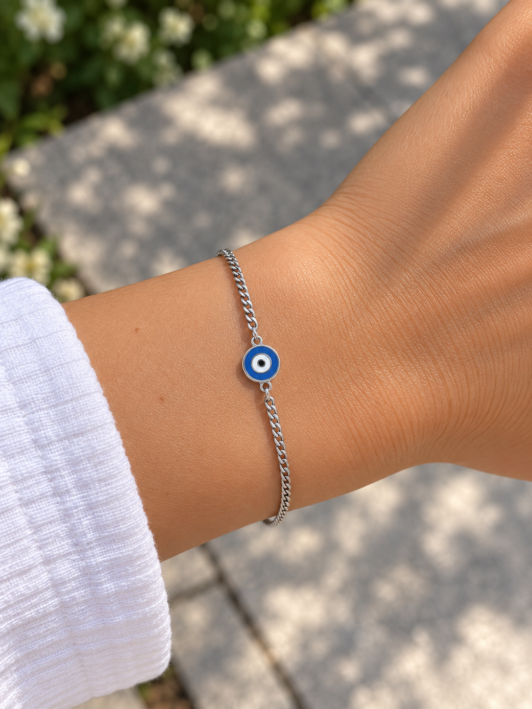 Bracelet Oeil Grec en Acier Inoxydable – Émail Bleu – Bijou Unisexe – 3 Styles de Chaînes