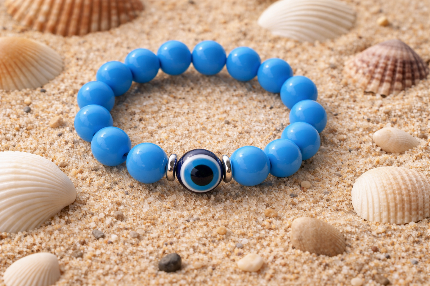 Close-up of an acrylic evil eye beaded bracelet featuring blue protective eye beads and durable elastic cord.