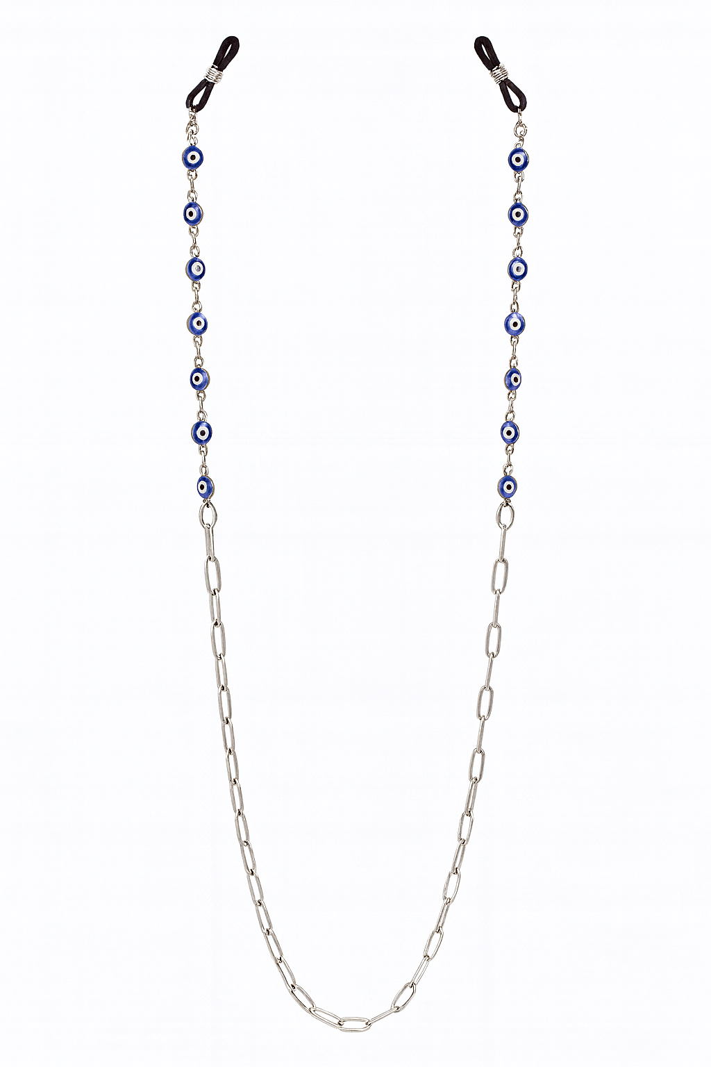 Stainless steel eyeglass chain with blue evil eye charms, stylish glasses holder necklace inspired by Greek protection.