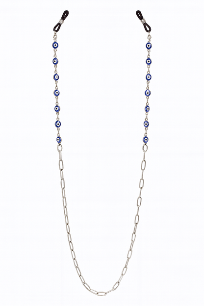 Stainless steel eyeglass chain with blue evil eye charms, stylish glasses holder necklace inspired by Greek protection.