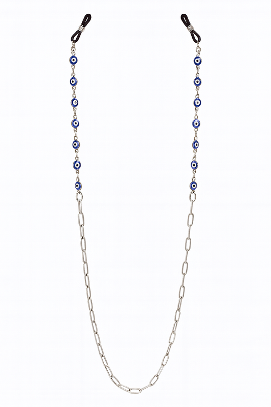 Stainless steel eyeglass chain with blue evil eye charms, stylish glasses holder necklace inspired by Greek protection.