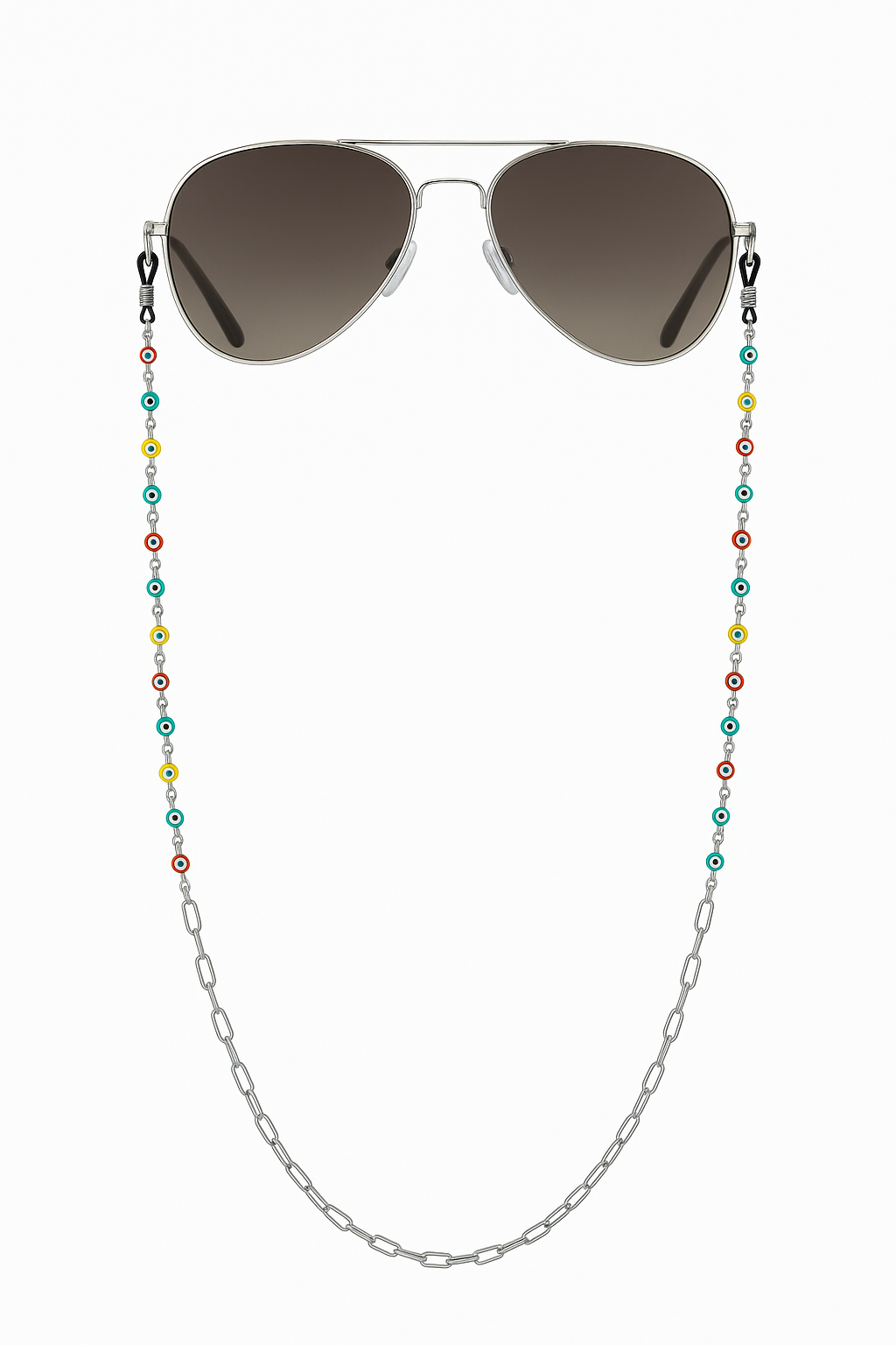 Modern stainless steel glasses chain with blue evil eye accents, protective Greek-inspired eyeglass holder for women.