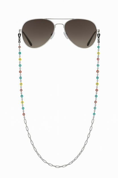 Modern stainless steel glasses chain with blue evil eye accents, protective Greek-inspired eyeglass holder for women.