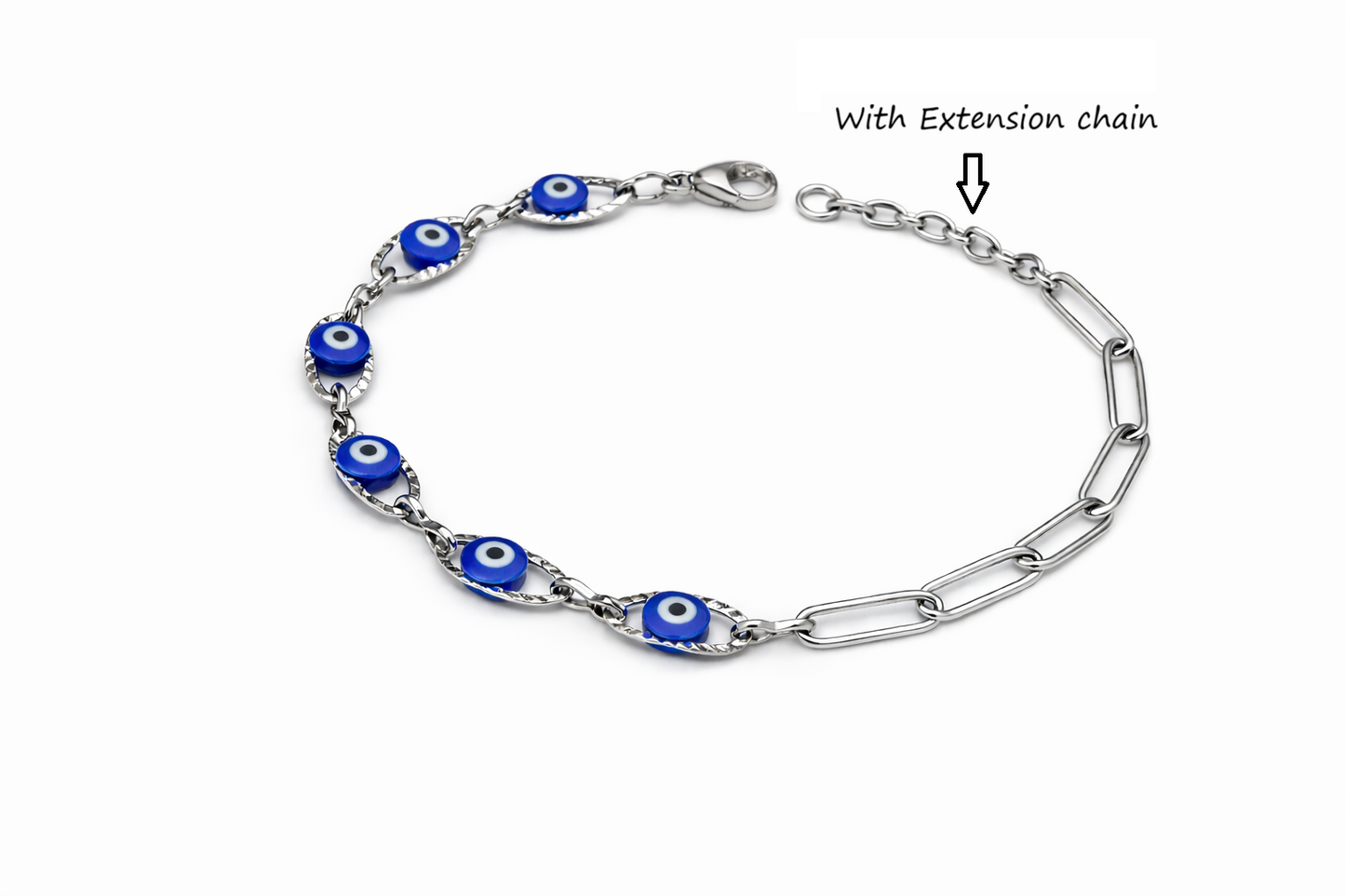 Silver bracelet with blue evil eye charms and an extension chain on a white background