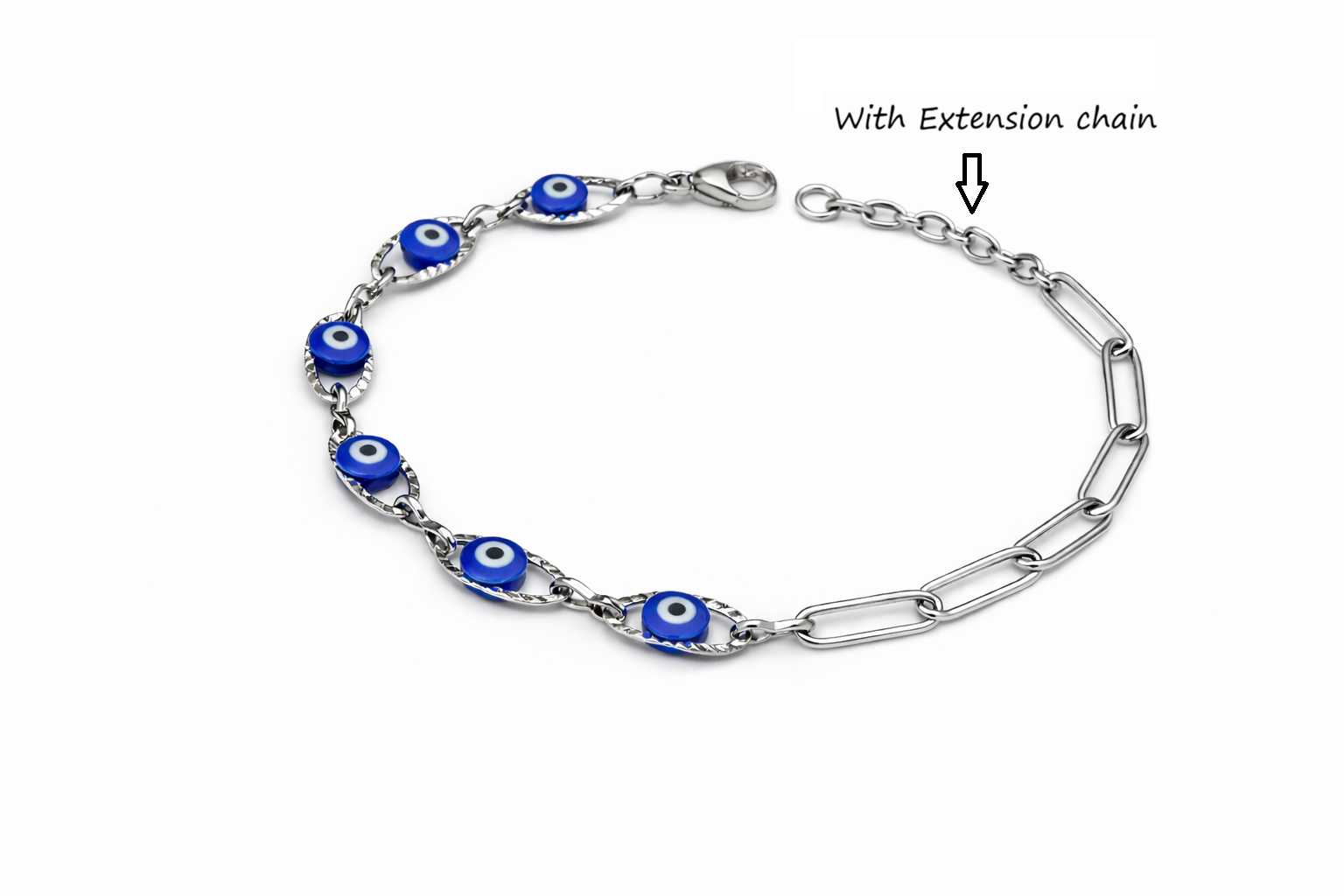 Silver bracelet with blue evil eye charms and an extension chain on a white background
