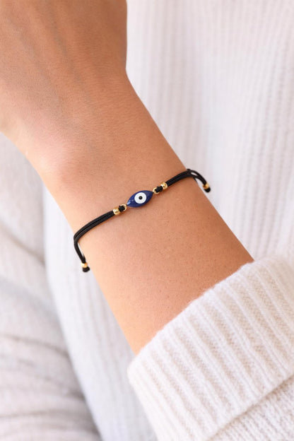 Bracelet Oeil Protecteur Ajustable – Bracelet Porte-Bonheur Œil Grec – Acier Doré Émaillé – Fil Noir – Unisexe