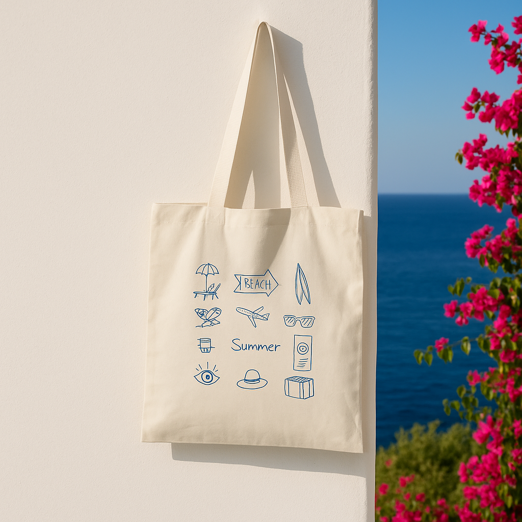 Beige tote bag with summer-themed icons against a scenic background with ocean and flowers.