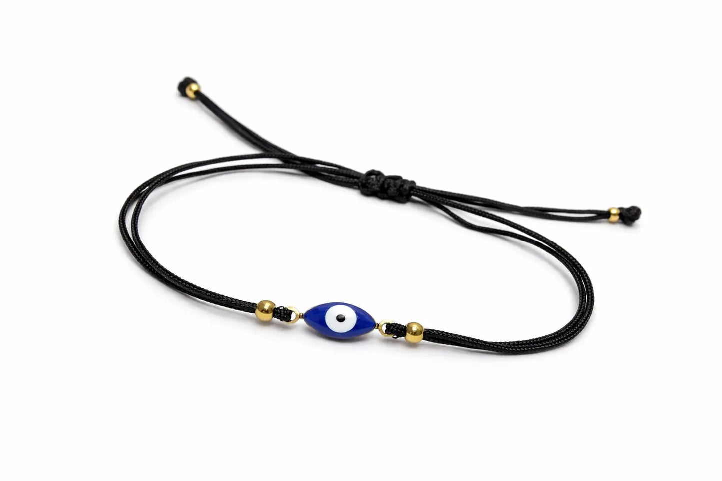 Bracelet Oeil Protecteur Ajustable – Bracelet Porte-Bonheur Œil Grec – Acier Doré Émaillé – Fil Noir – Unisexe
