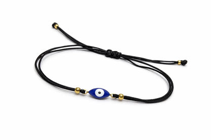 Bracelet Oeil Protecteur Ajustable – Bracelet Porte-Bonheur Œil Grec – Acier Doré Émaillé – Fil Noir – Unisexe