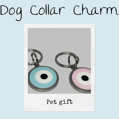 Two dog collar charms with colorful eye designs on a light gray background.