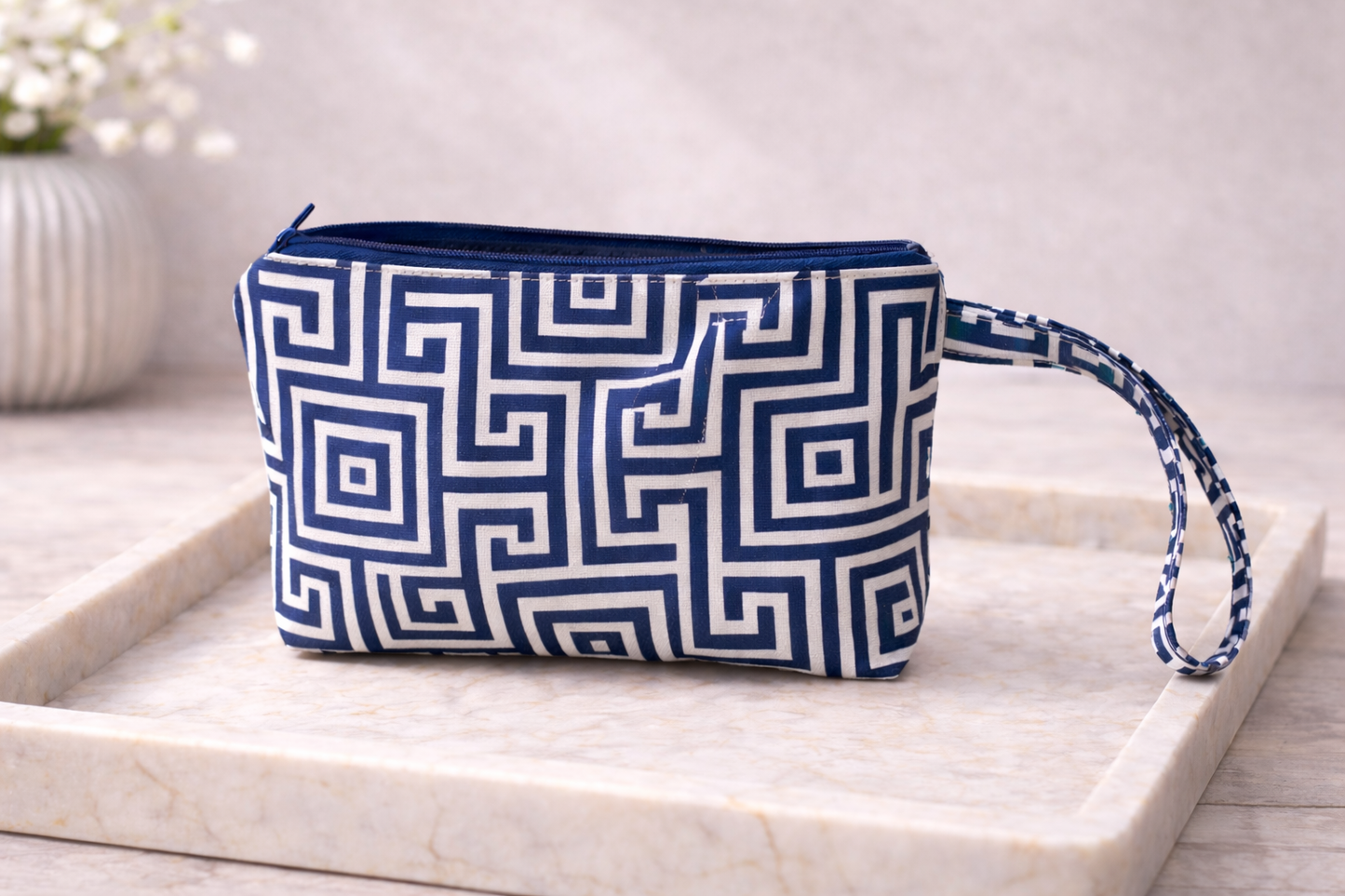 Greek Key Pouch - Blue & White Cotton bag - Greek gift
