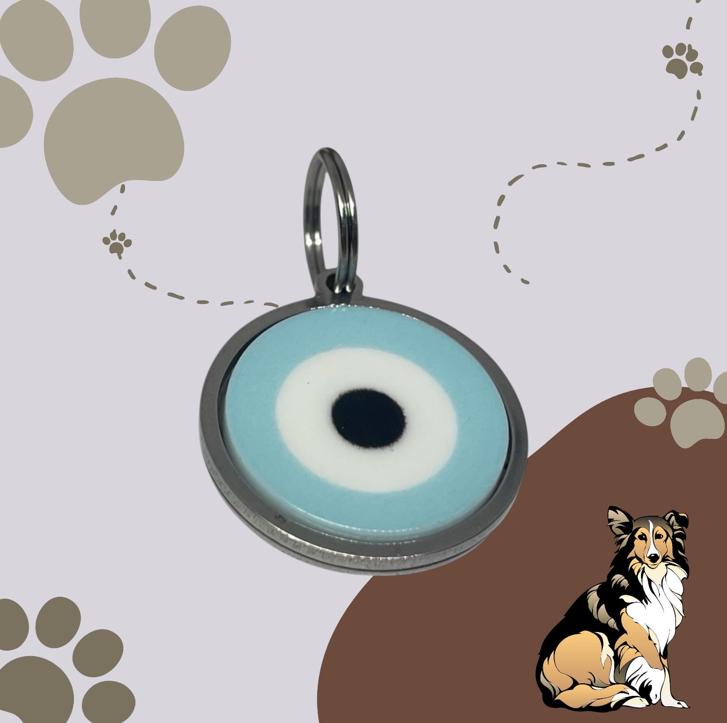 Pet tag with blue and white design on a background with paw prints and a dog illustration.
