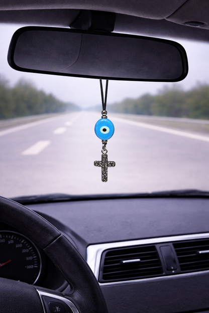 Bijou Retroviseur Croix et Oeil Bleu 