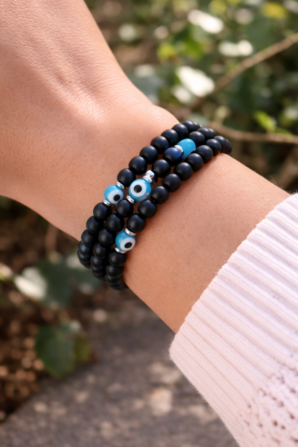 Black Onyx & Evil Eye Beaded Memory Wire Bracelet