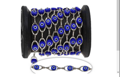 Spool of blue evil eye beads with a bracelet on a white background
