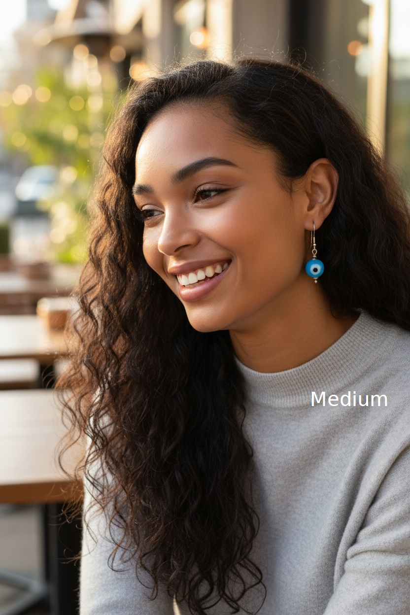 Woman with long, wavy hair wearing a gray sweater and blue earrings in an outdoor setting.