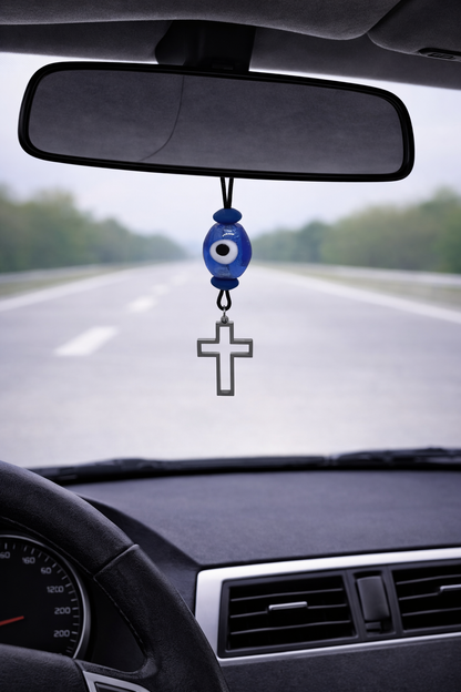 Bijou Retroviseur Croix & Oeil Bleu - Accessoire Voiture 