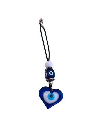 A blue heart-shaped evil eye rearview charm with a black cord and additional decorative beads.