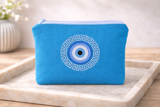 Evil Eye Meander Zipper Pouch – Handmade Greek Purse – Greek Gift