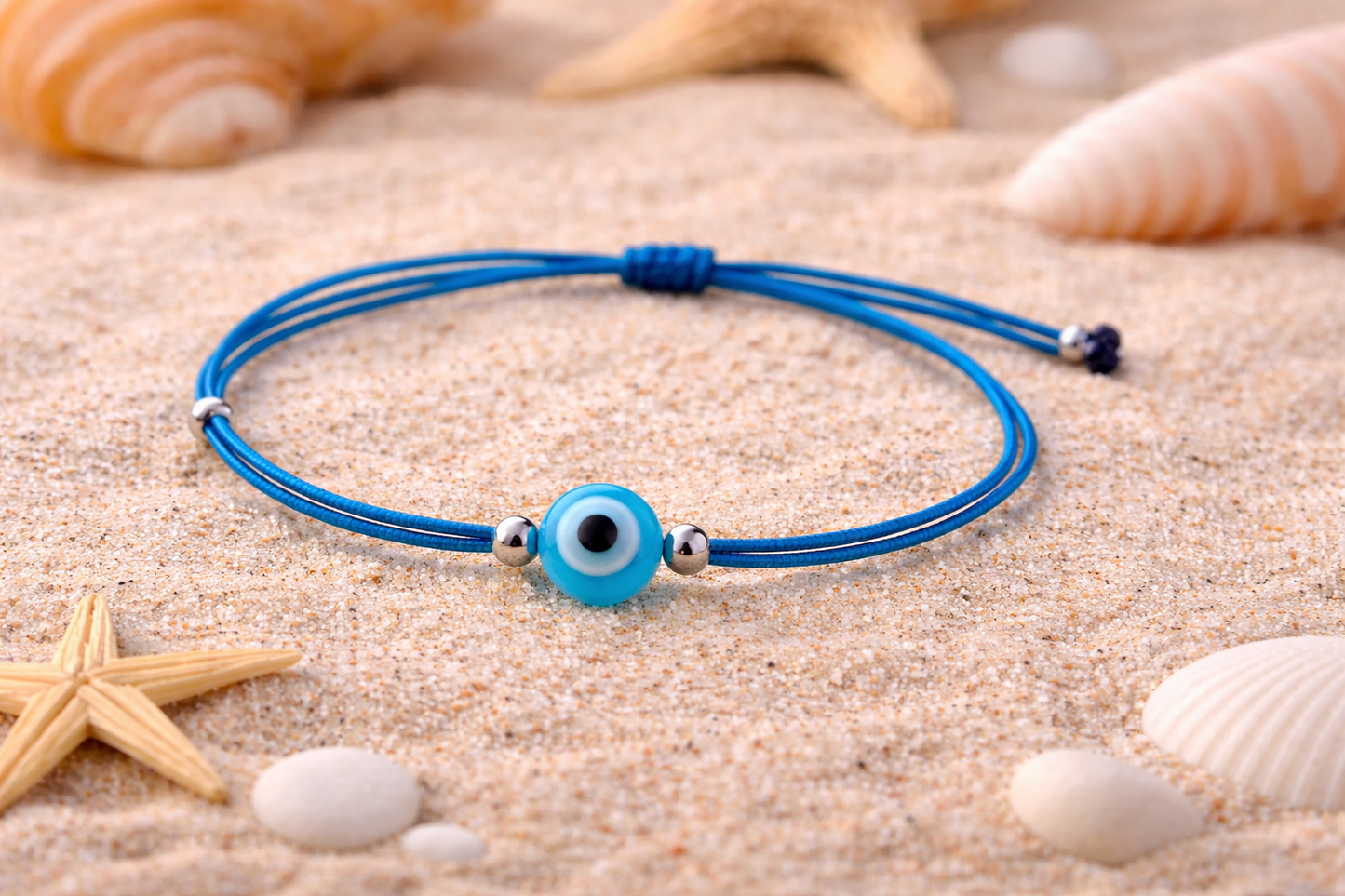 Blue bracelet with a silver and blue bead on sand with starfish and shells