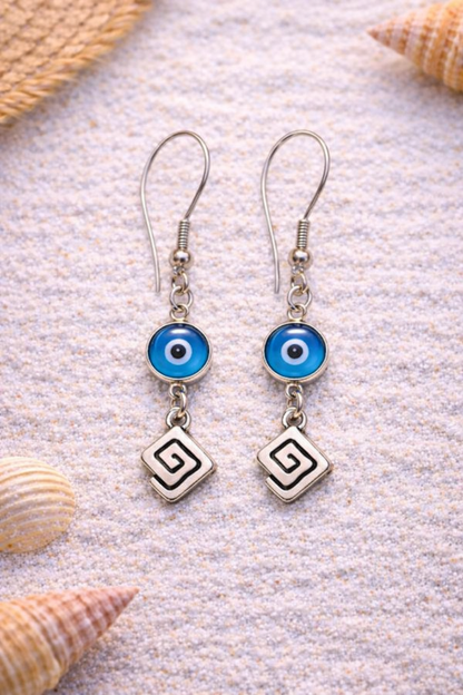 Evil Eye Greek Key Earrings - Blue Dangle Earrings - Greek jewelry