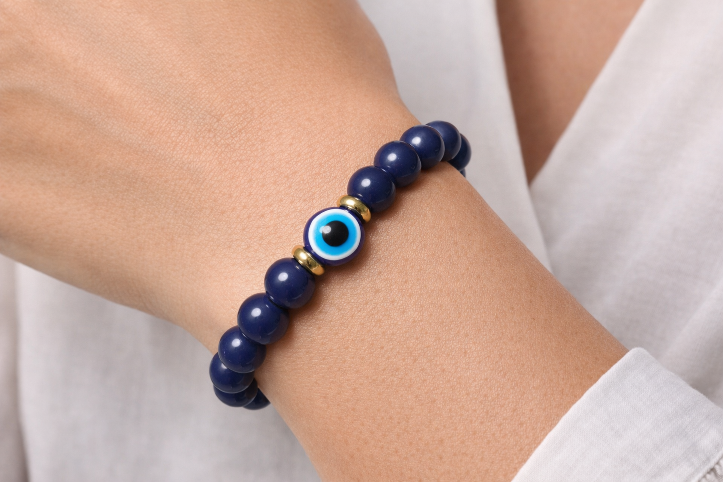 Navy Blue Evil Eye Bracelet – Acrylic Beaded Stretch Bracelet, Protection Jewelry, Lucky Charm, Silver or Gold Spacer Beads