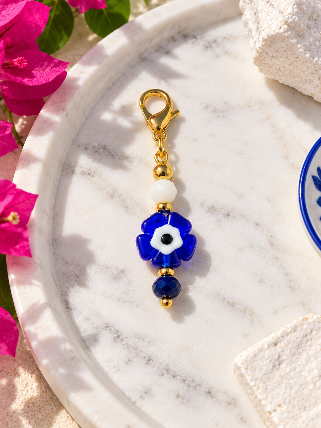 Blue Evil Eye Flower Bag Charm – Greek Inspired Bag Accessory – Handmade Gift
