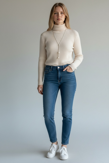 Woman wearing a beige turtleneck sweater, blue jeans, and white sneakers against a plain background