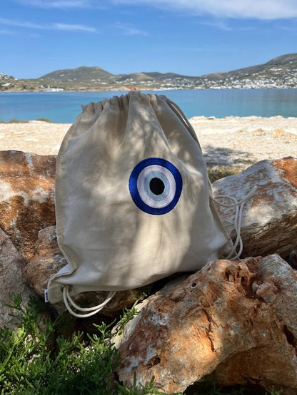 Canvas Drawstring Backpack with Embroidered Evil Eye