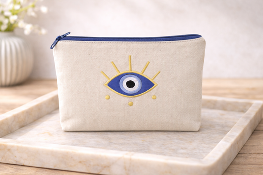 Fabric Pouch With Embroidered Eye - Evil eye Bag - Handmade pouch