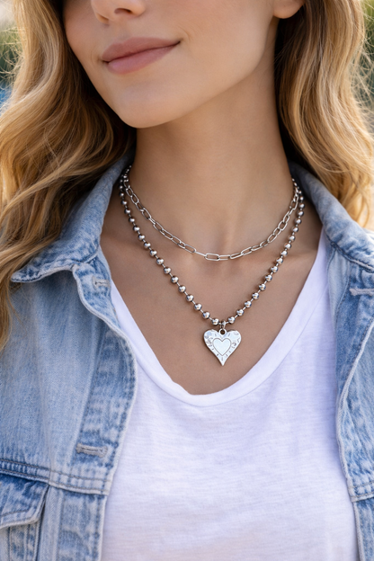 Collier Coeur Chaine Figaro en Acier Pour Femme 