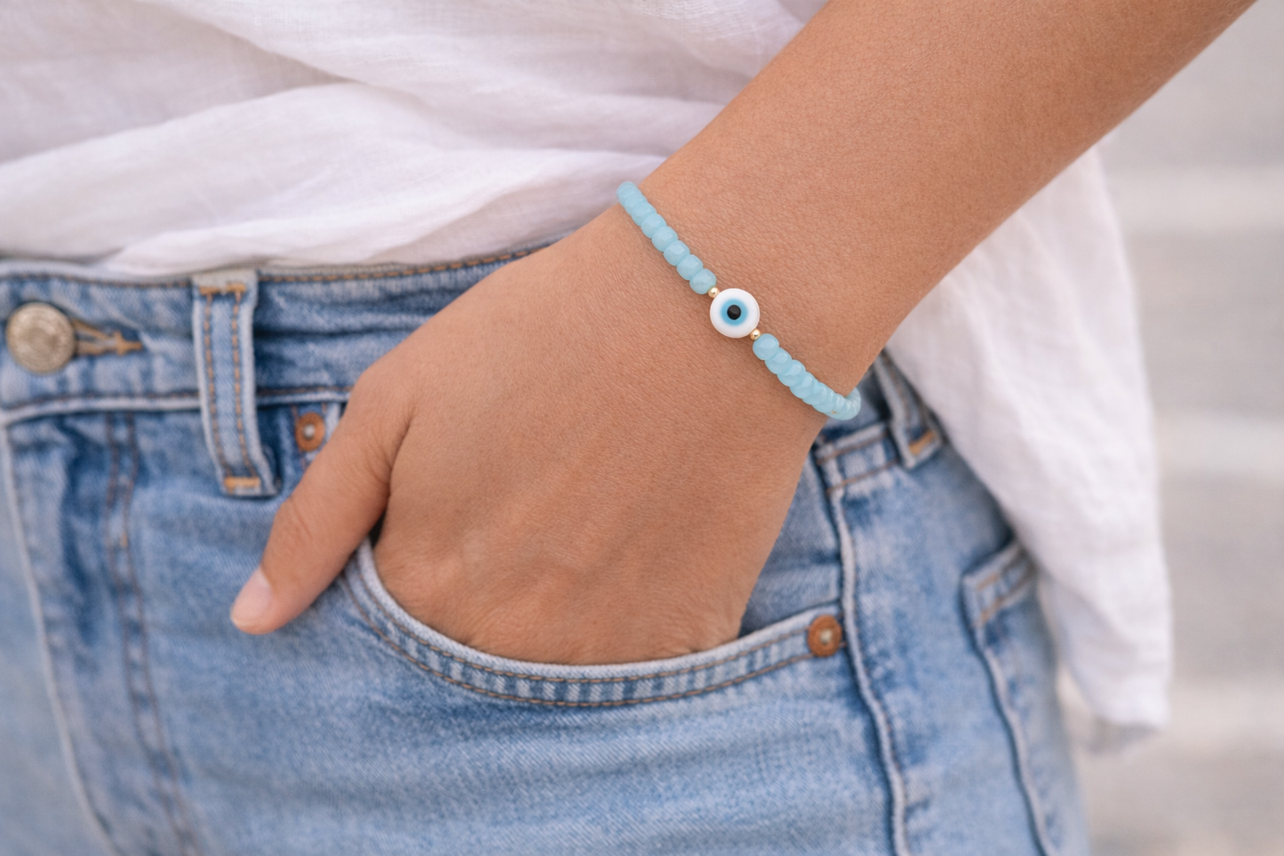 Gold Filled Evil Eye Bracelet - Blue Beaded Bracelet - Women's Gift -  Greek Jewelry