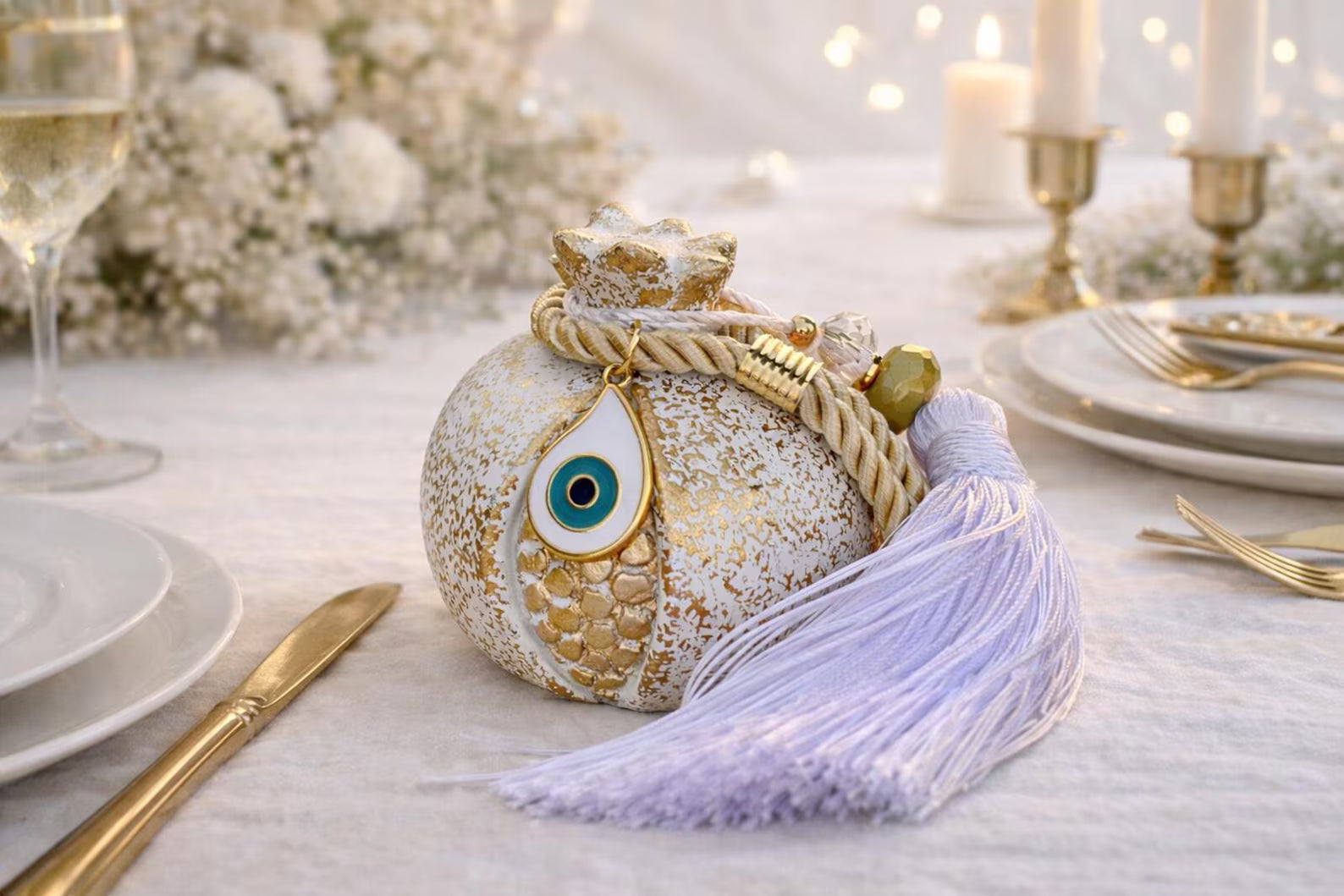 Decorative table setting with a decorative ceramic pomegranate and tassel on a white tablecloth.