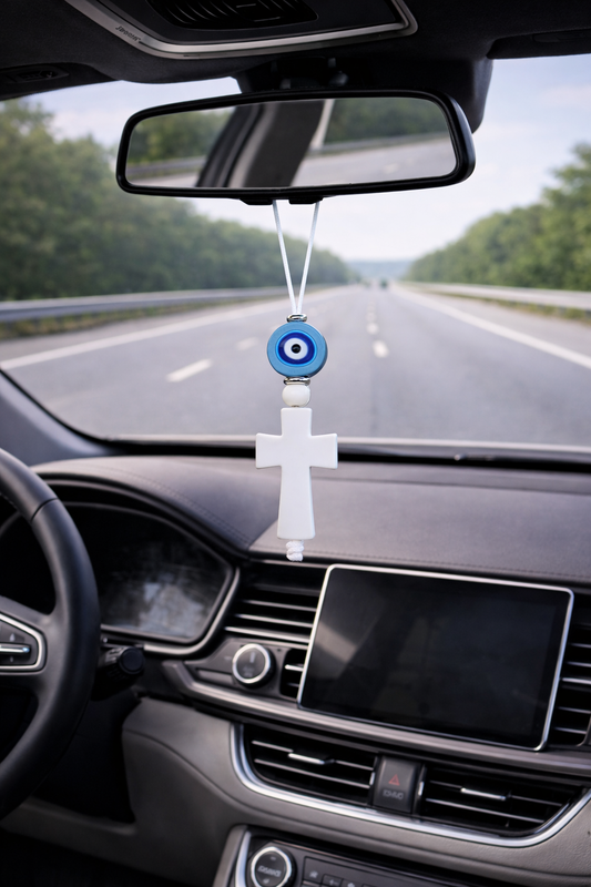 Bijou de Retroviseur Croix et Oeil Bleu Silicone