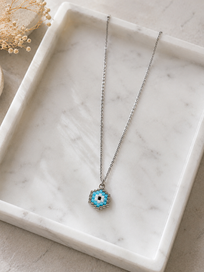 Collier Oeil Bleu en Perles Miyuki – Chaîne Fine en Acier Inoxydable – Bijou Porte-Bonheur Fait Main