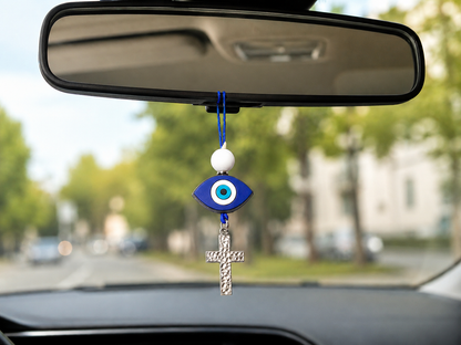 Bijou de Rétroviseur Oeil Grec & Croix – Suspension Voiture Porte-Bonheur – Décoration Voiture Artisanale Grecque