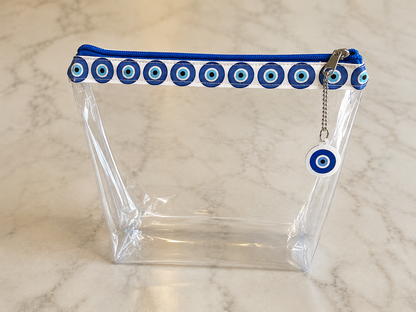 Greek Evil Eye Clear Cosmetic Bag, Transparent Travel Toiletry Pouch, Beach Makeup Bag with Evil Eye Charm