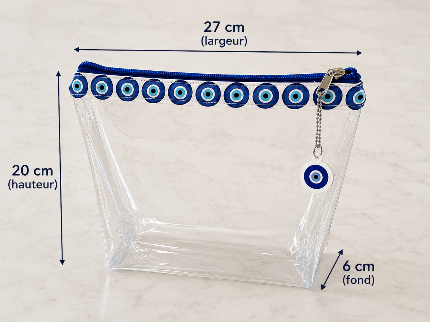 Greek Evil Eye Clear Cosmetic Bag, Transparent Travel Toiletry Pouch, Beach Makeup Bag with Evil Eye Charm